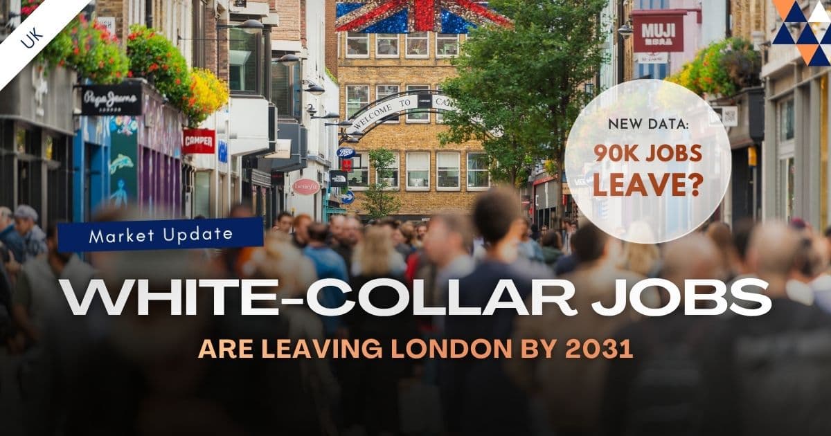 Crowded London high street with Union Jack flag, 90,000 white-collar jobs leaving London for regional UK cities by 2031
