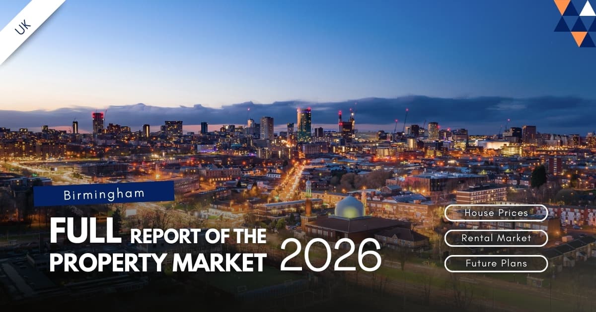 Cover image for the 2026 Birmingham property market report featuring key themes such as house prices, rental market performance and future city plans.