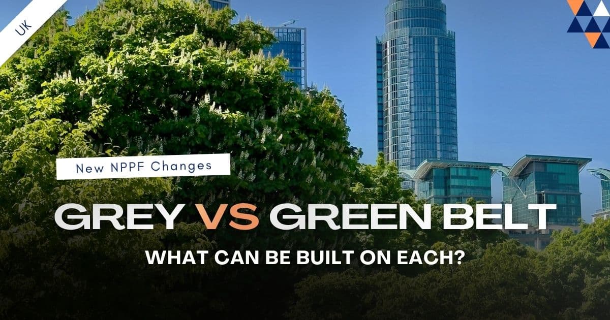 Grey belt vs green belt development, modern tower rising through mature trees with New NPPF Changes label