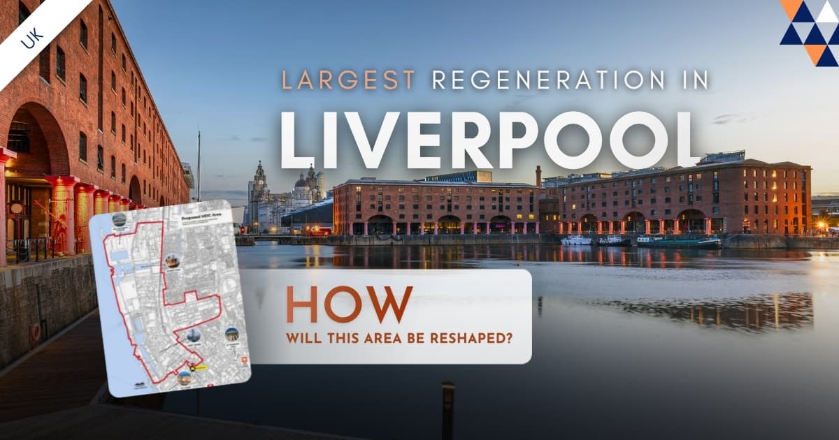 Liverpool North Docks MDC regeneration banner with proposed area boundary map and waterfront skyline