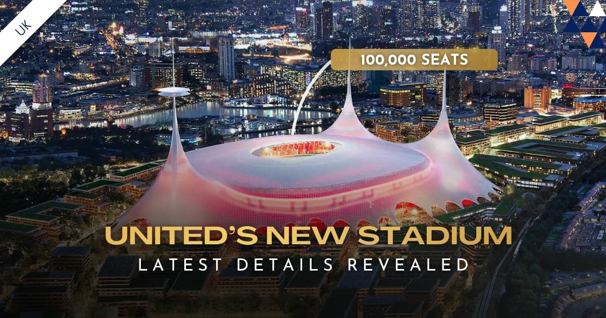 Manchester United new stadium aerial dusk 100000 seats Wharfside Trafford banner