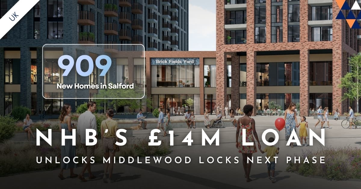 Middlewood Locks development in Salford showing new residential buildings at Brick Fields Yard, part of 909 new homes funded by NHB's £14m loan