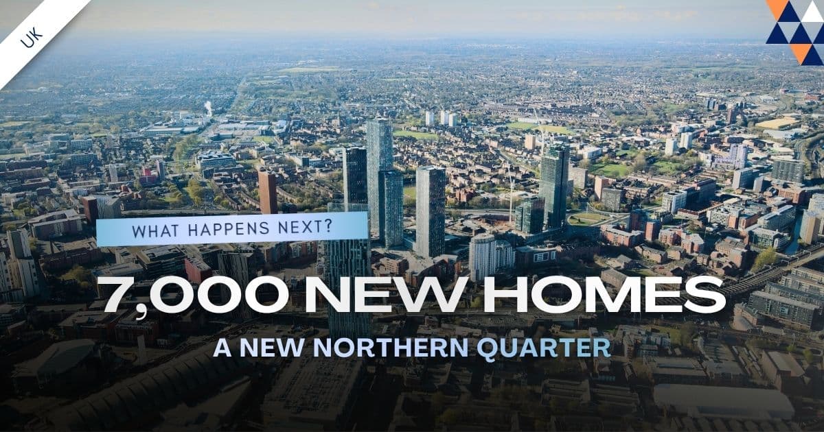 Strange Quarter Manchester, 7,000 new homes regeneration framework, aerial cityscape with Rothmore Property branding