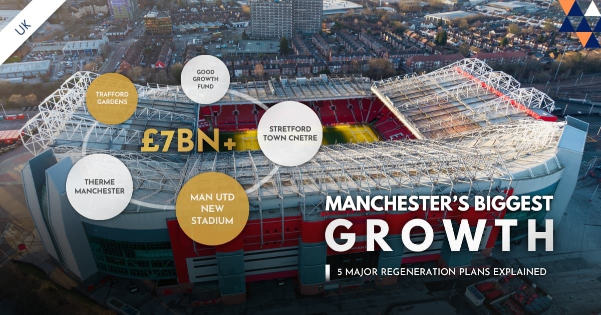 Trafford regeneration aerial view showing Old Trafford and TraffordCity, anchoring £7bn of South Manchester projects