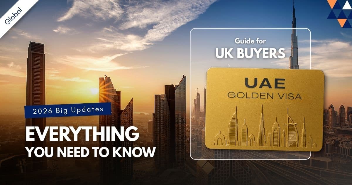 UAE Golden Visa 2026 cover image showing Dubai skyline, Golden Visa card and guide for UK buyers.