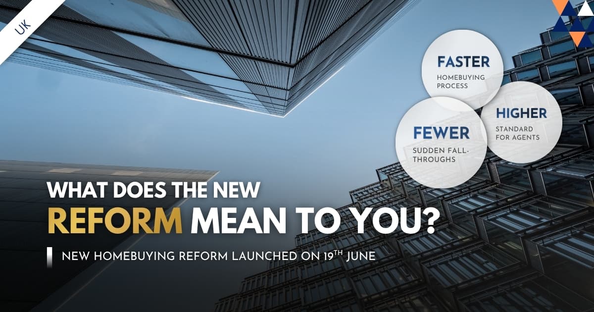 UK homebuying reform 2026 banner showing Downing Street sign with faster transactions, fewer fall-throughs, higher agent standards
