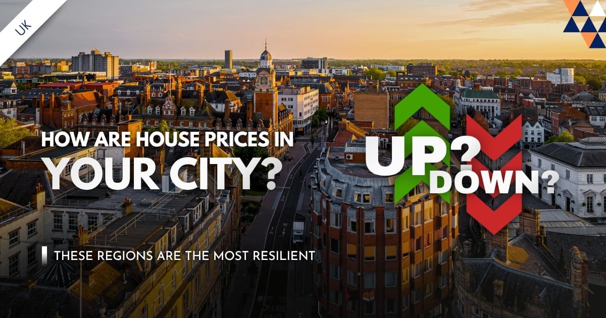 UK house prices 2026 regional forecast showing which cities are going up or down with aerial view of British housing