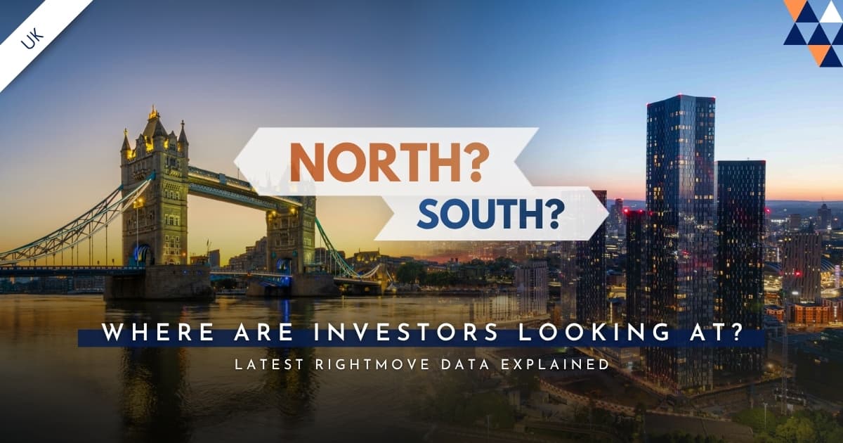UK North vs South property divide banner featuring London Tower Bridge and Manchester skyline with Rightmove investor data