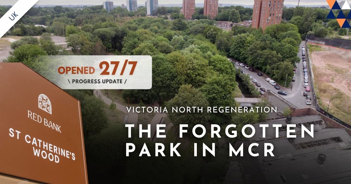 Aerial view of St Catherine's Wood park in Red Bank, Manchester, opened July 2026 as part of the Victoria North regeneration programme