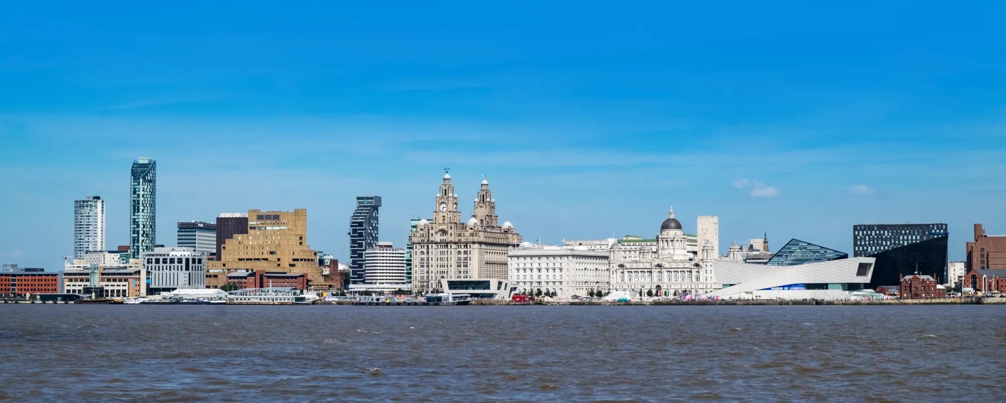 Liverpool waterfront view with modern buildings and reflections on the water