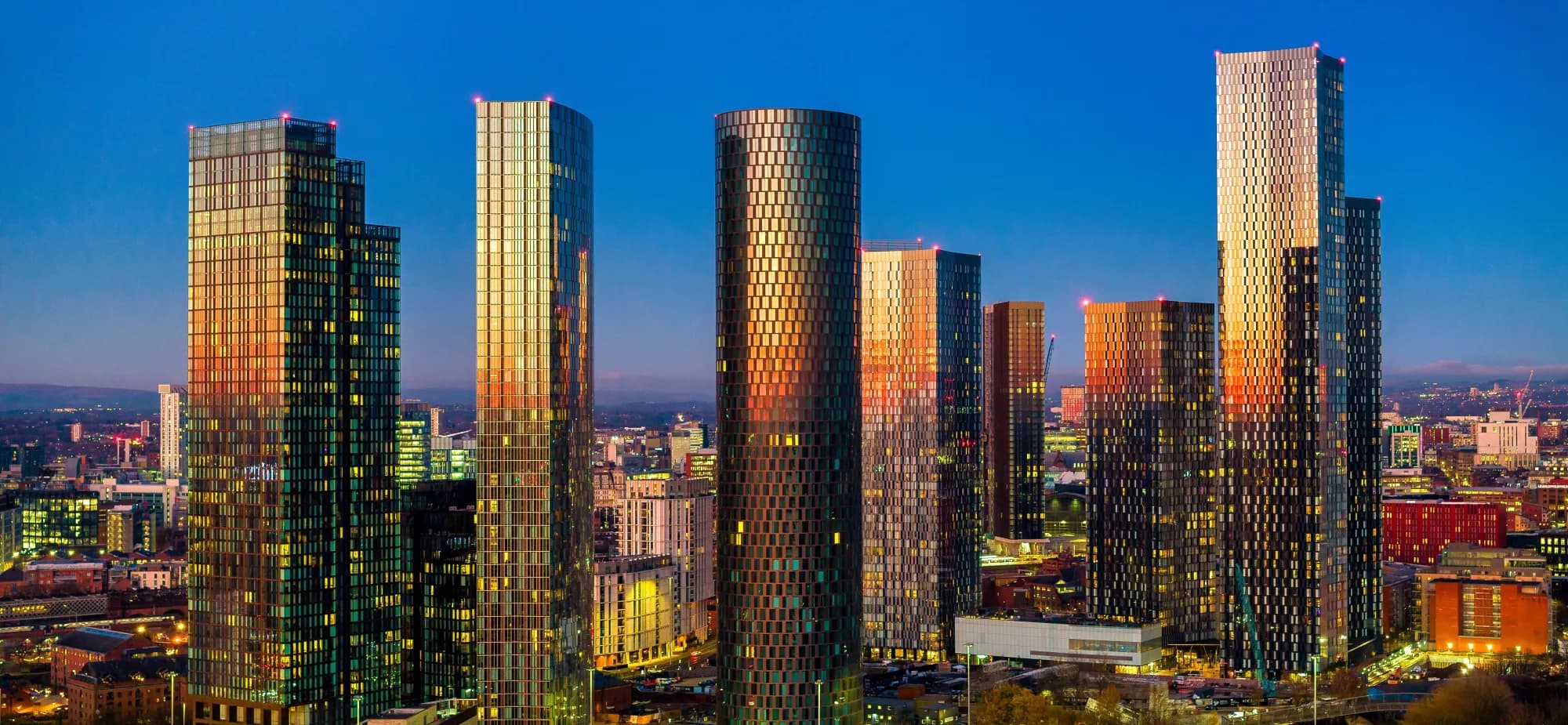 Manchester city centre towers at dusk