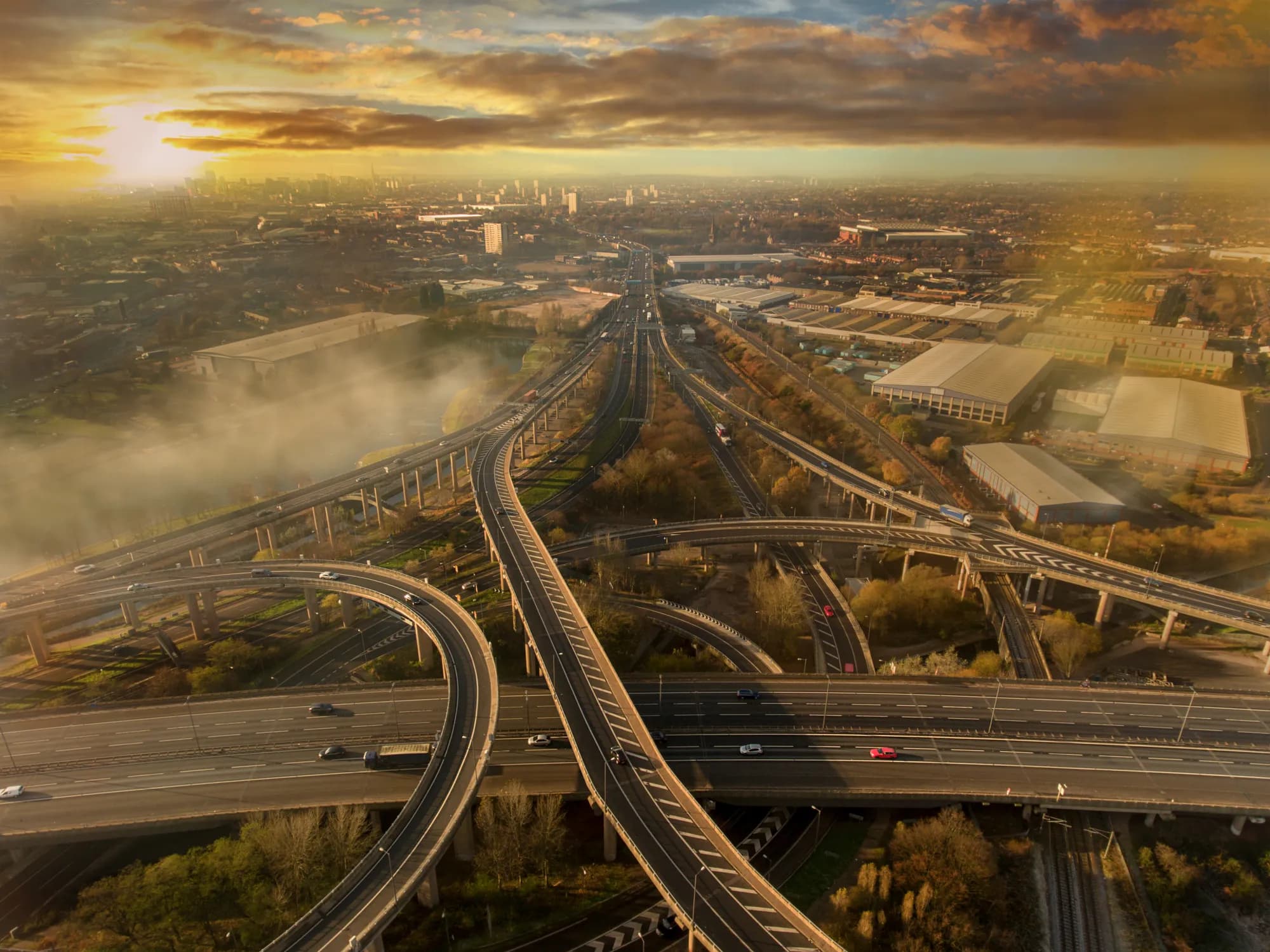Birmingham infrastructure support network with roads, bridges, and urban transport elements in the city