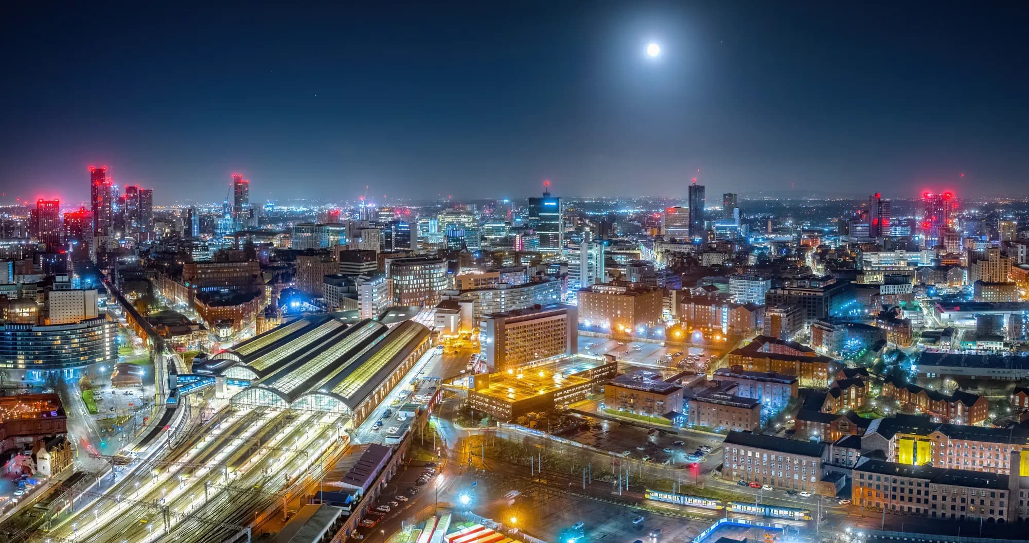 Panoramic view of Manchester city skyline with modern skyscrapers and urban buildings