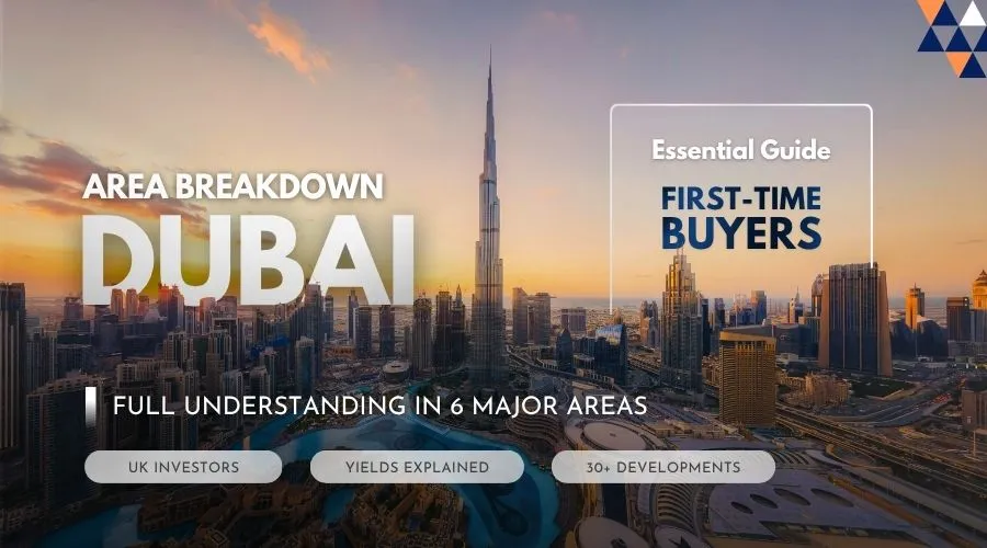 Dubai area guide covering 6 best investment areas for UK first-time property buyers — yields, prices and 30+ developments compared