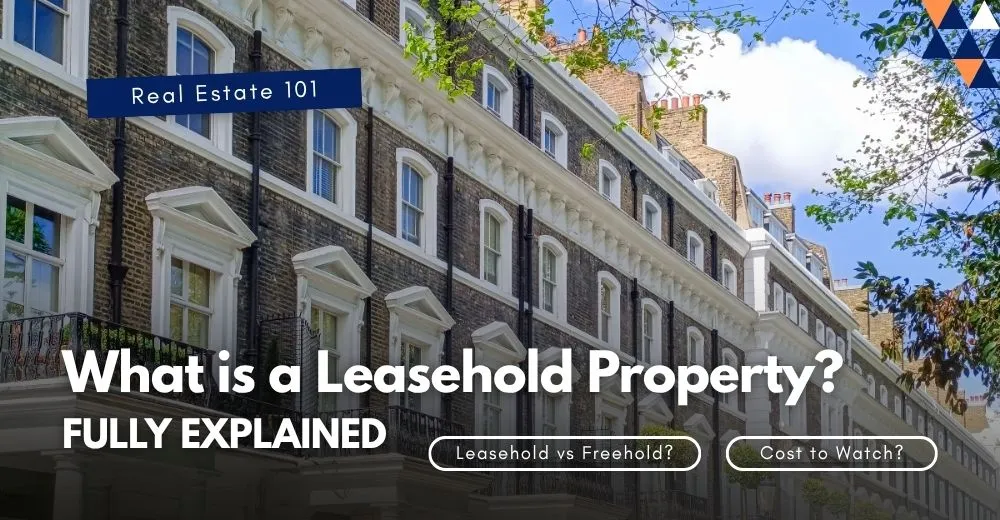 Row of period London townhouses with sash windows under a blue sky, illustrating a guide to leasehold property in the UK.