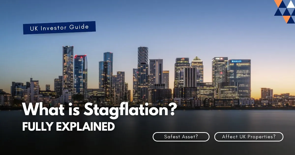 Stagflation explained for UK investors — Canary Wharf London skyline at dusk with Rothmore Property glossary cover design